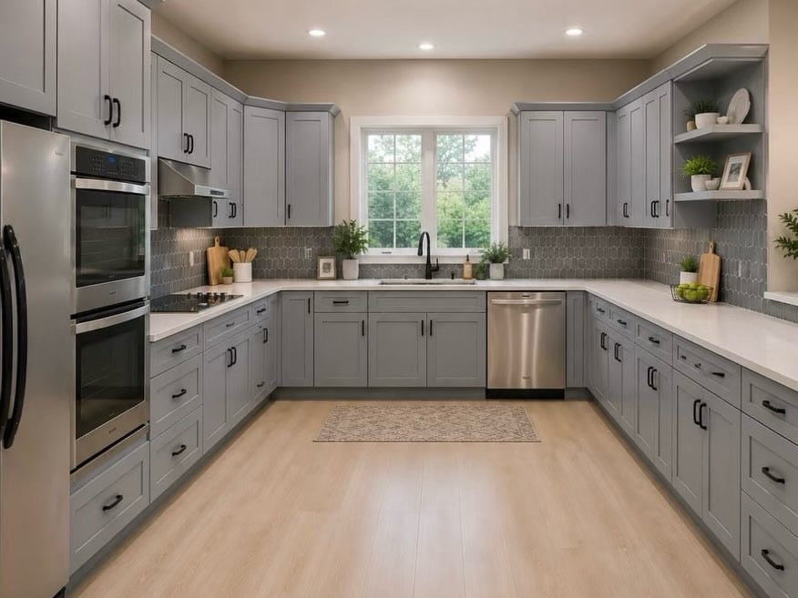 20. Spacious Light Grey Kitchen Cabinets with Dark Tile Backsplash - grey cabinet kitchen ideas
