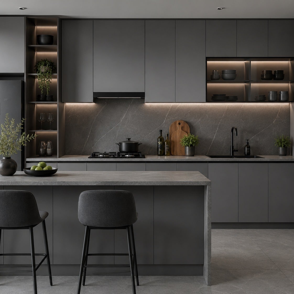 21. Modern Dark Charcoal Grey Kitchen with Illuminated Shelving - grey cabinet kitchen ideas