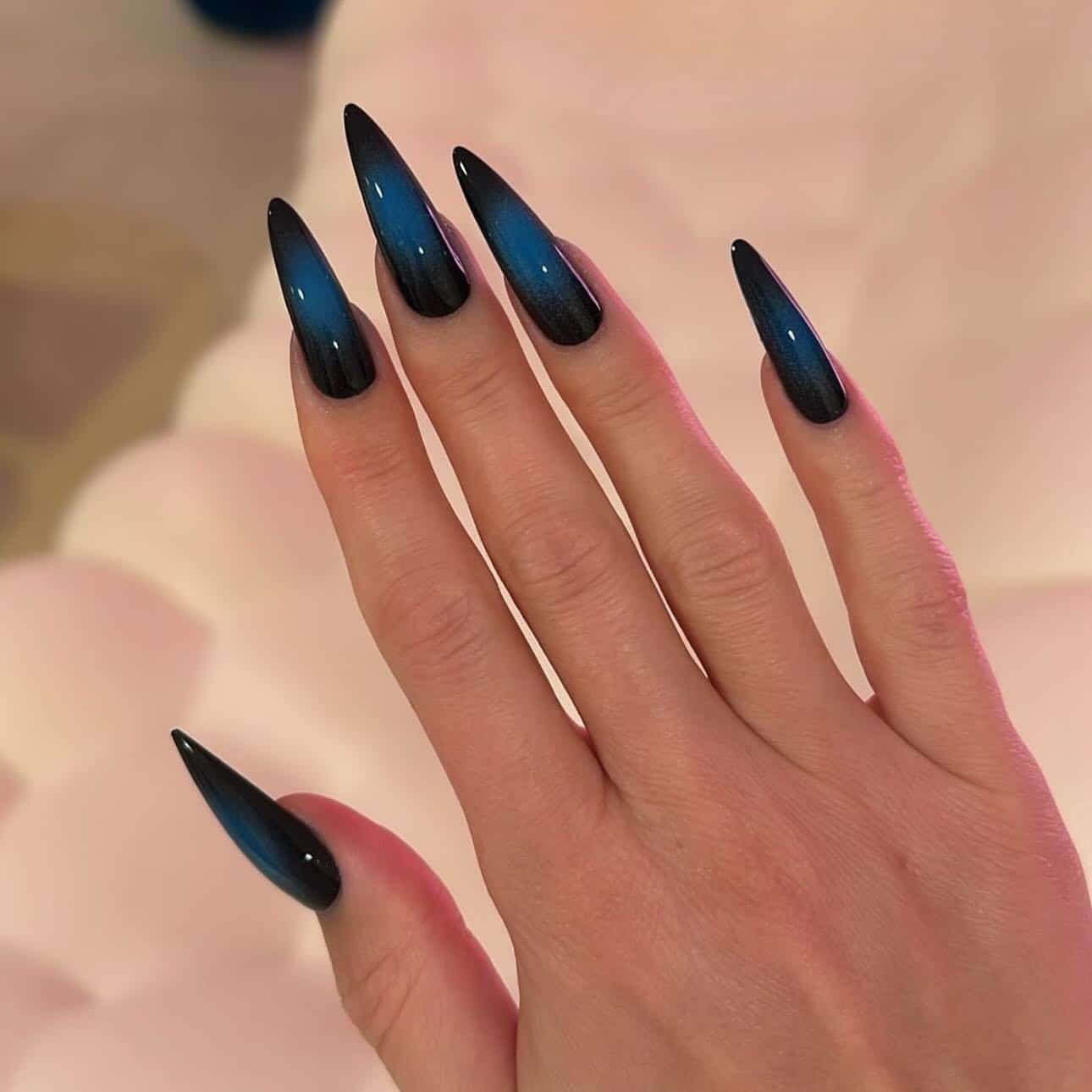 6. Dark Blue and Black Ombre Stiletto Nails - blue and black nail ideas