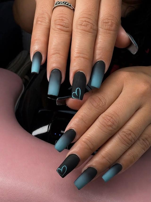 7. Matte Black and Dusty Blue Ombre Coffin Nails - blue and black nail ideas