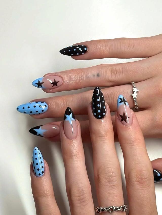12. Baby Blue and Black Polka Dot Almond Nails - blue and black nail ideas