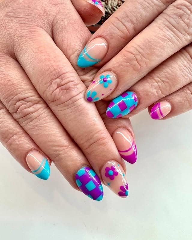 1. Playful Blue and Purple Floral Checkerboard Nails - blue and purple nail ideas