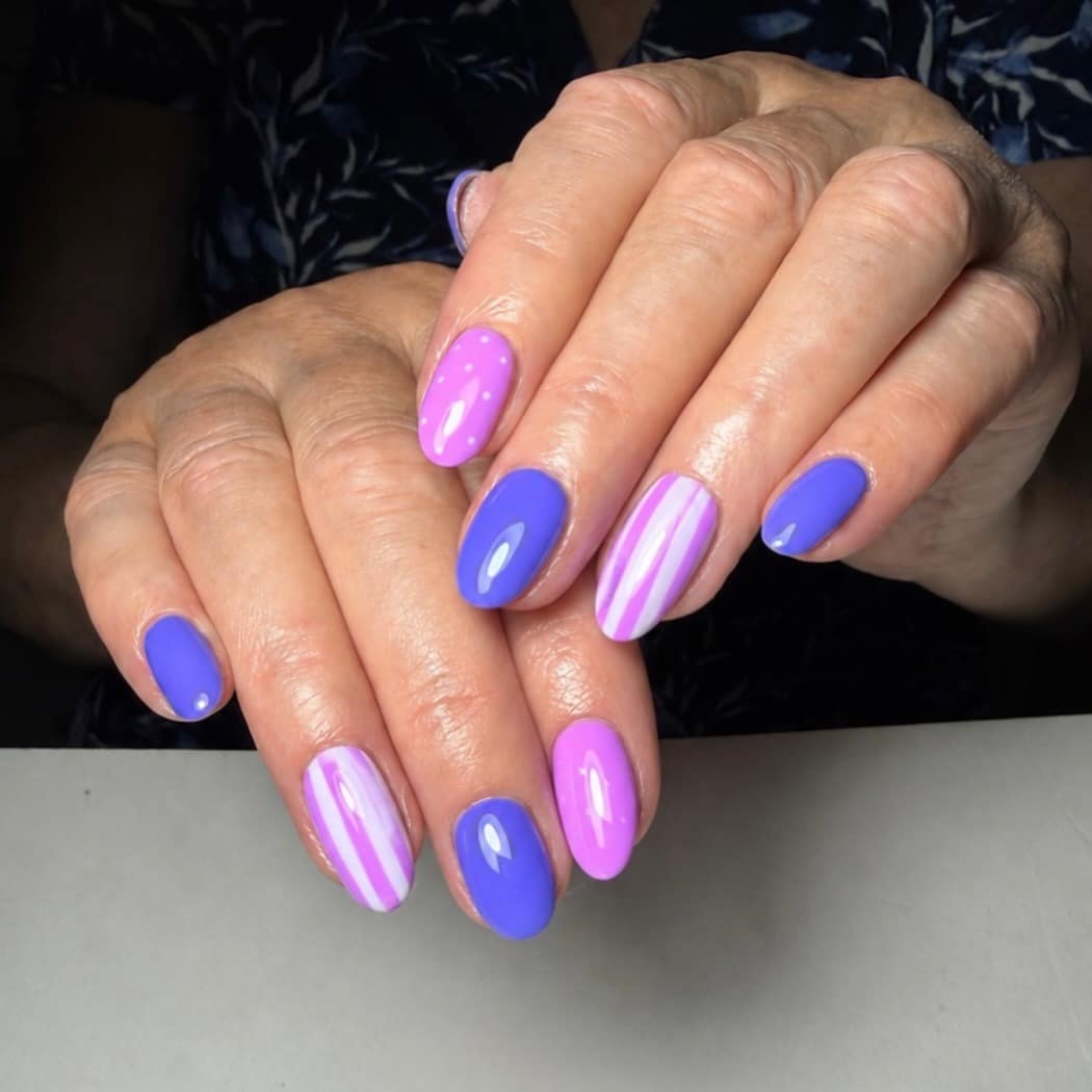 4. Bright Blue and Purple Striped Oval Nails - blue and purple nail ideas