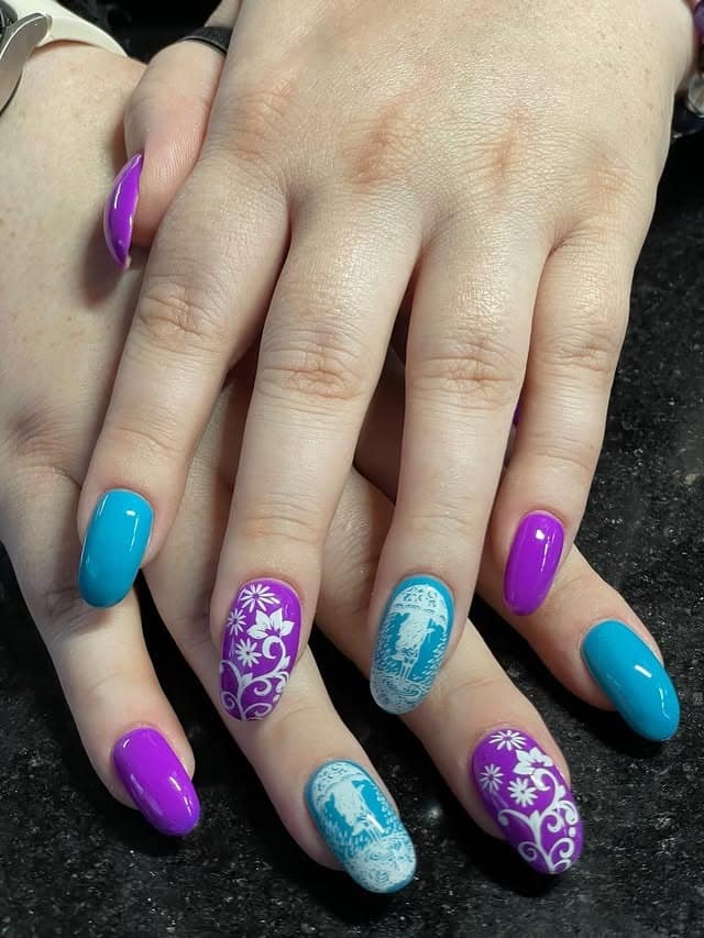 6. Turquoise Blue and Purple Floral Stamping Nails - blue and purple nail ideas