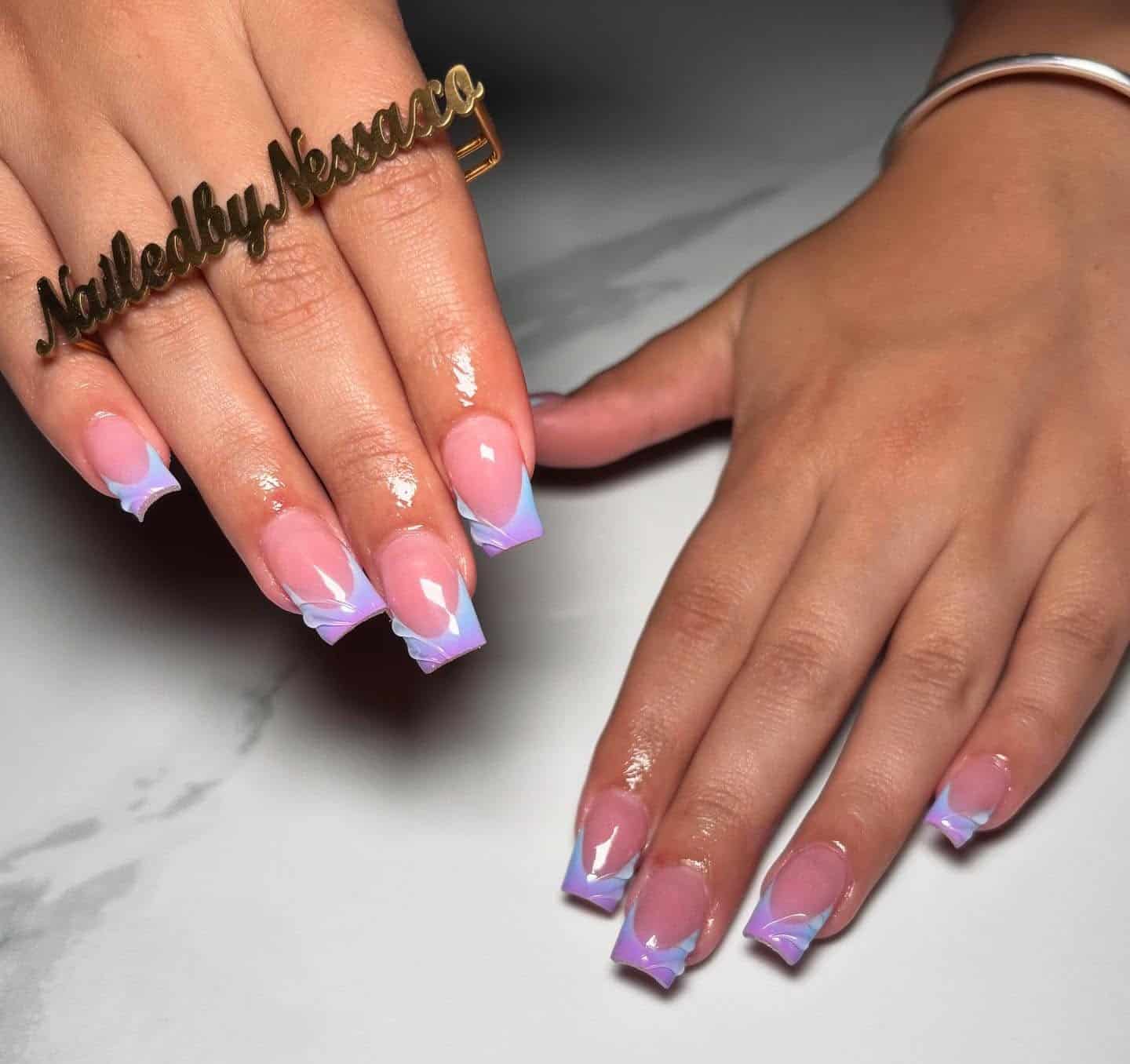 8. Pastel Blue and Purple Abstract Square French Nails - blue and purple nail ideas