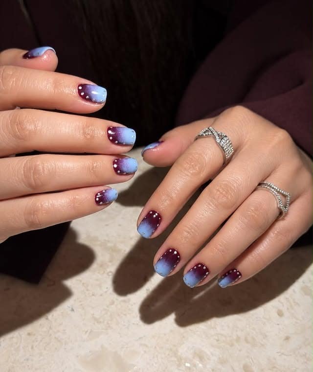 10. Burgundy Purple and Icy Blue Ombre Nails - blue and purple nail ideas