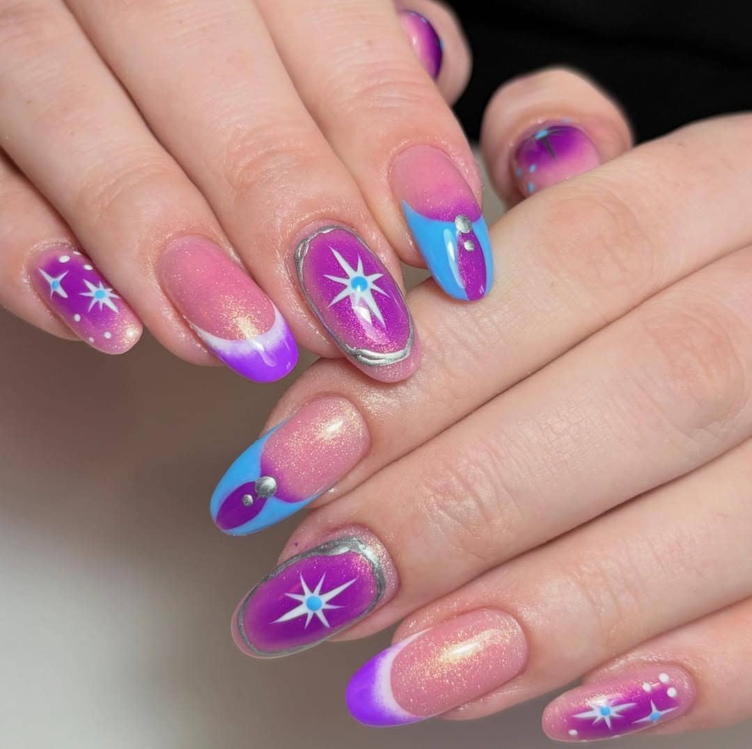 13. Pink, Blue and Purple Celestial Star Nails - blue and purple nail ideas