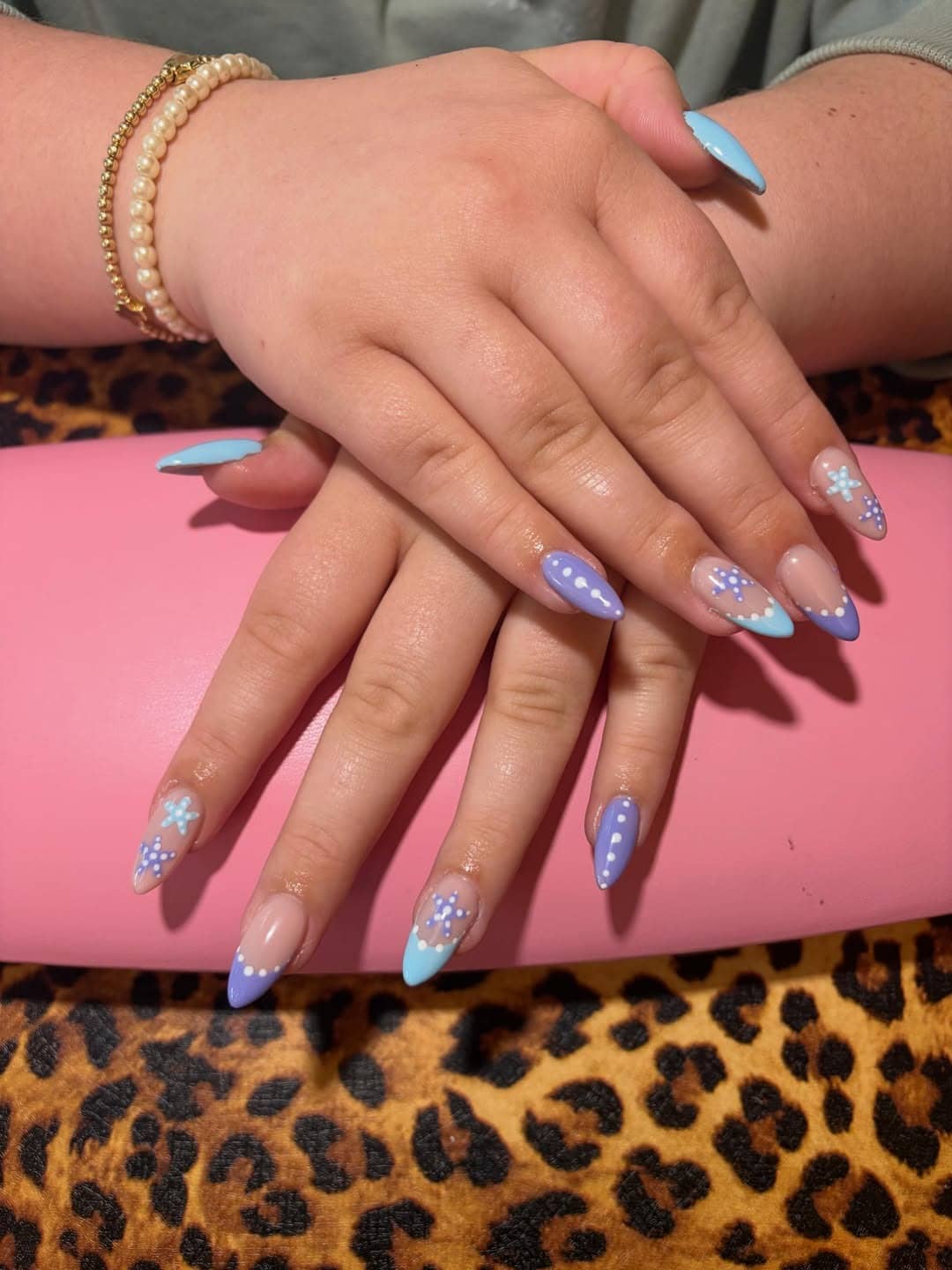 14. Baby Blue and Lavender Floral French Tip Nails - blue and purple nail ideas