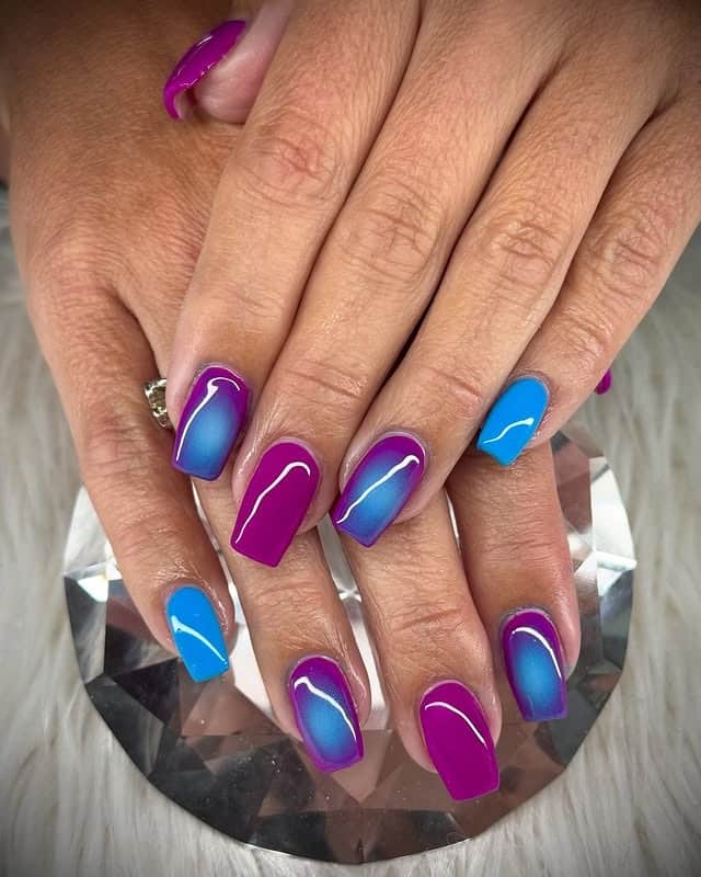 18. Electric Blue and Magenta Purple Aura Square Nails - blue and purple nail ideas