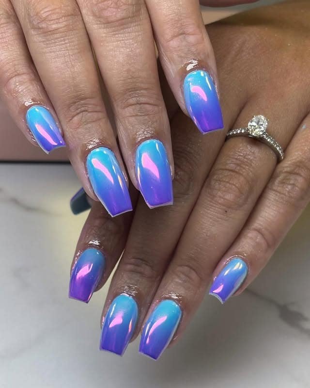 21. Iridescent Blue and Purple Chrome Ombre Coffin Nails - blue and purple nail ideas
