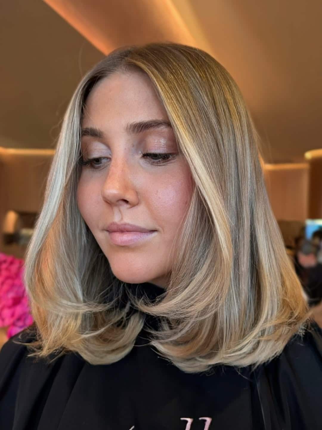 11. Champagne Blonde Layered Lob with Face-Framing Layers - Lob Hairstyles