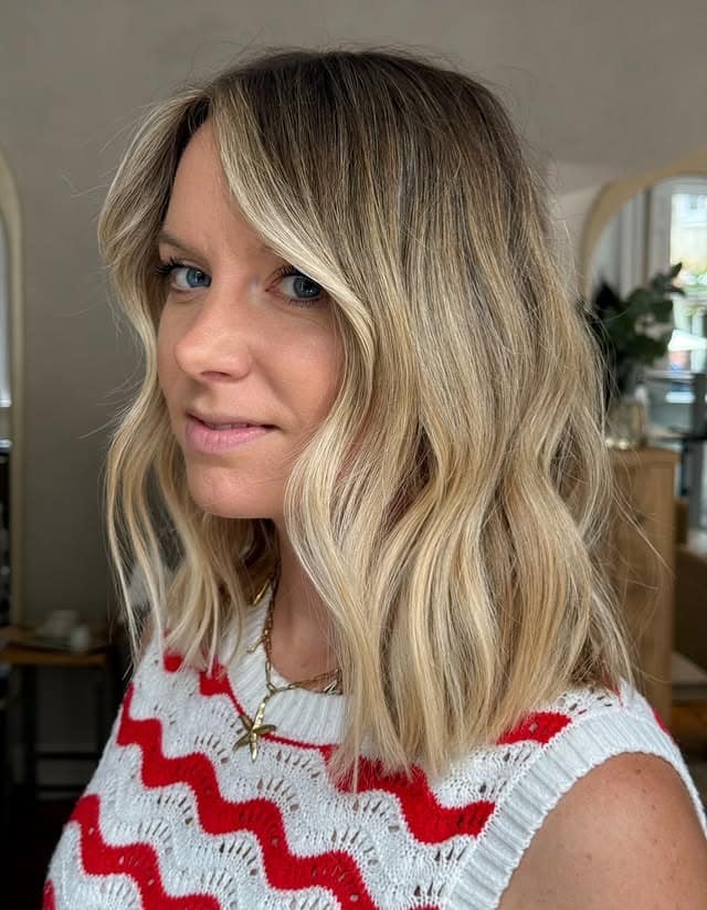 13. Sandy Blonde Wavy Lob with Shadow Roots - Lob Hairstyles
