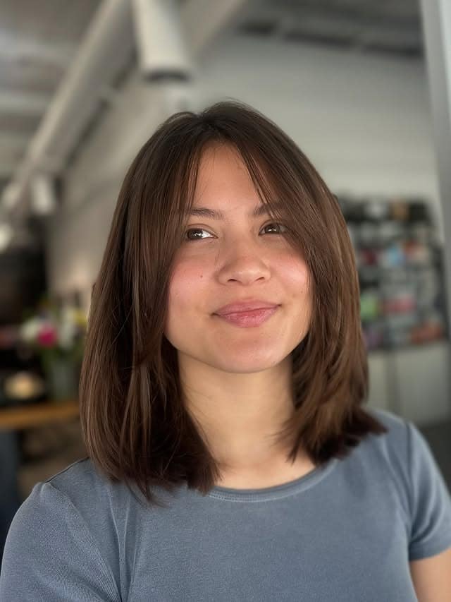 14. Medium Chocolate Brown Lob with Wispy Curtain Bangs - Lob Hairstyles