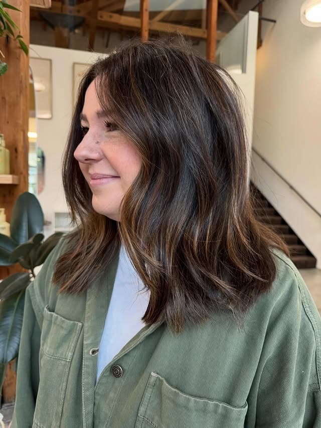 16. Chocolate Brown Textured Lob with Caramel Balayage - Lob Hairstyles