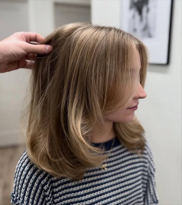 18. Golden Beige Blonde Feathered Lob with Curtain Bangs - Lob Hairstyles
