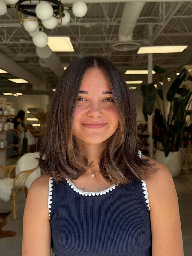 22. Rich Mocha Brown Layered Lob with Curtain Bangs - Lob Hairstyles