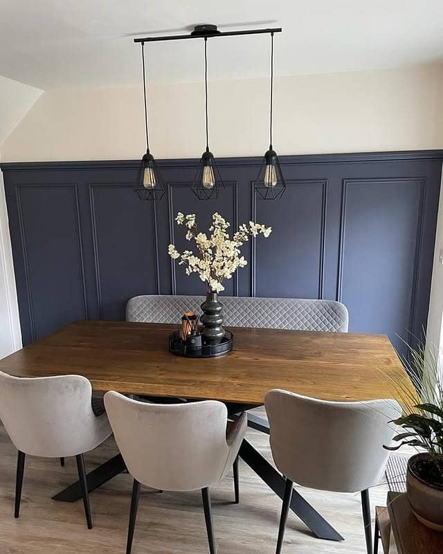 8. Dark Navy Blue Paneled Kitchen Dining Feature Wall with Warm Wood Accents - feature wall kitchen ideas