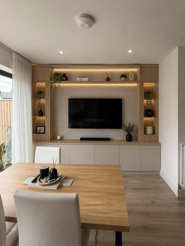 12. Natural Oak Wood Slat Kitchen Dining Feature Wall with Cream Cabinets - feature wall kitchen ideas