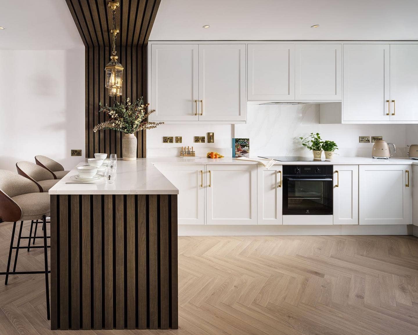 14. Dark Walnut Wood Slat Kitchen Feature Wall with White Cabinets - feature wall kitchen ideas