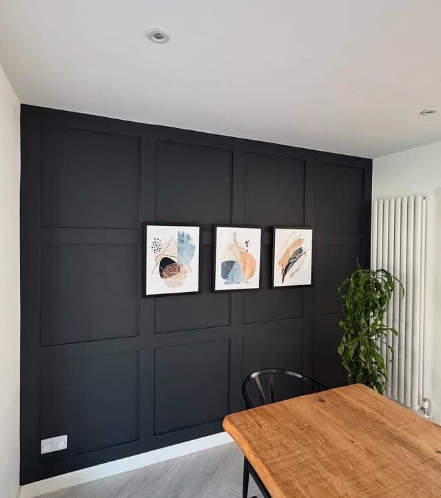 20. Bold Charcoal Black Paneled Kitchen Dining Feature Wall with Oak Accents - feature wall kitchen ideas