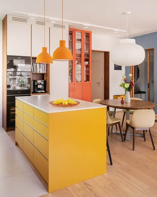 4. Modern Yellow Kitchen with Coral Accents - bright kitchen ideas