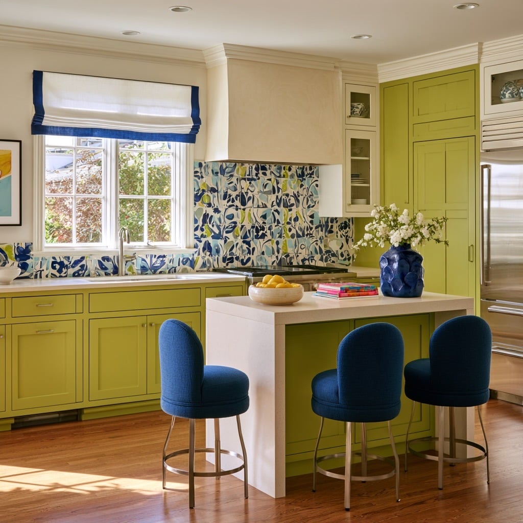 6. Lime Green Kitchen with Blue Floral Backsplash - bright kitchen ideas