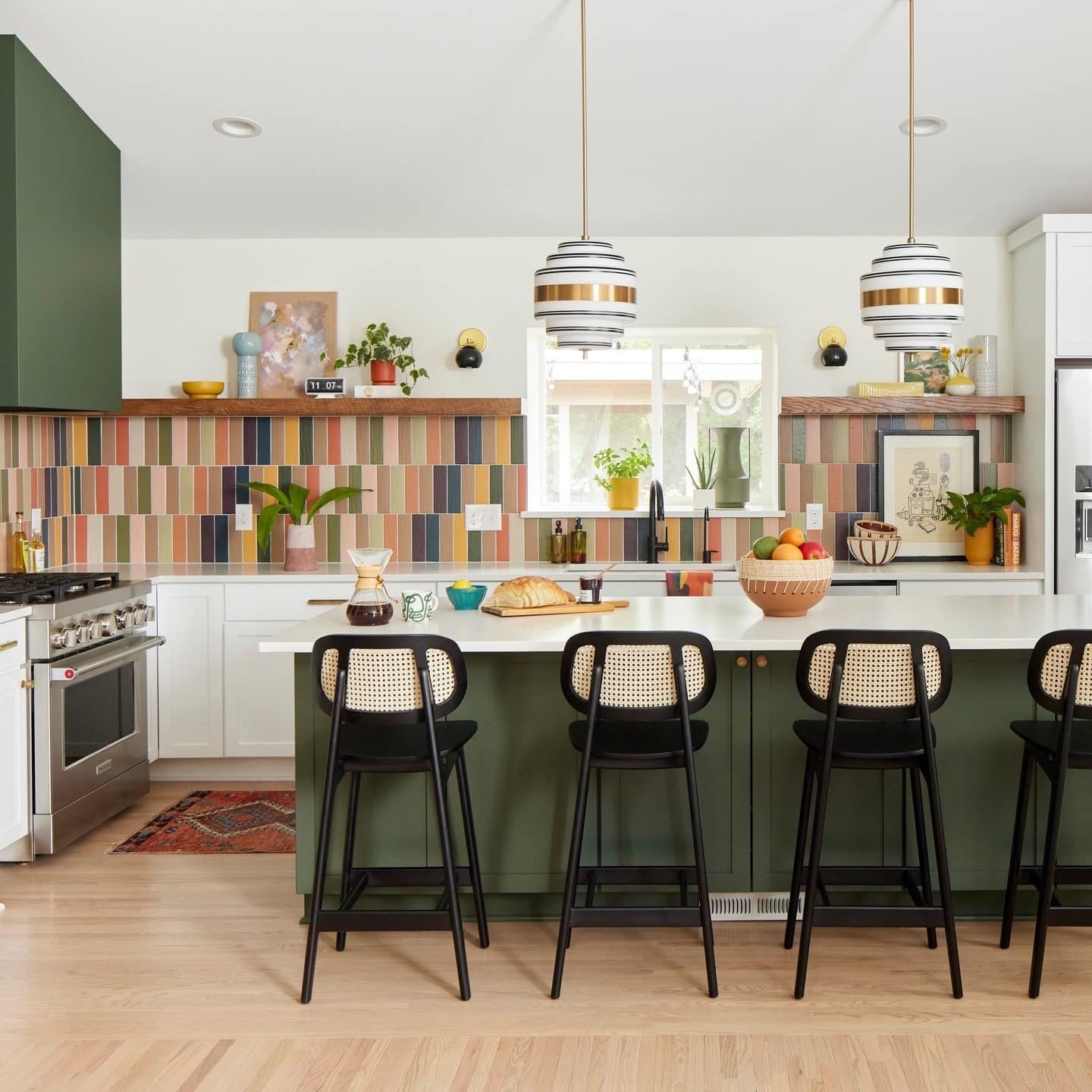 7. Colorful Tile Kitchen with Forest Green Island - bright kitchen ideas