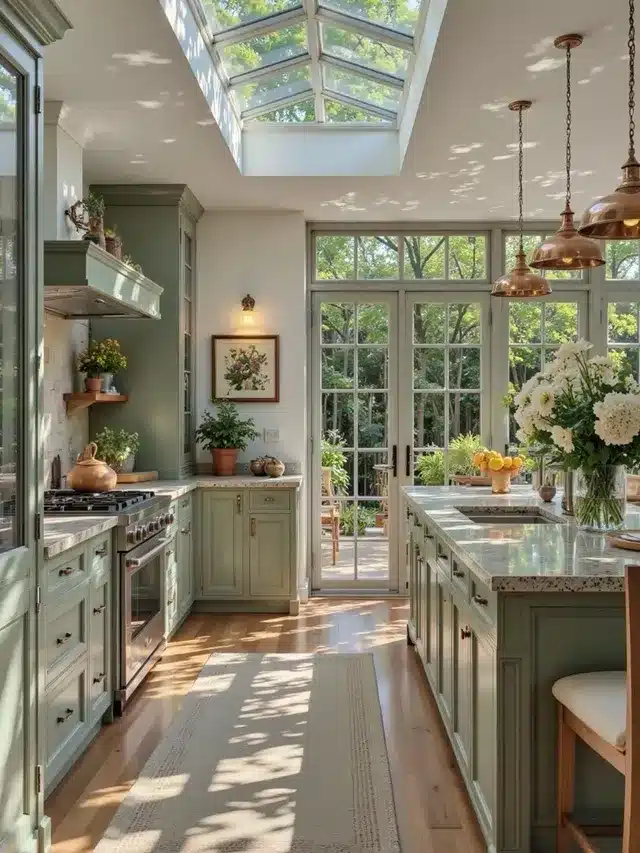 8. Sage Green Kitchen with Skylight and Copper Pendants - bright kitchen ideas