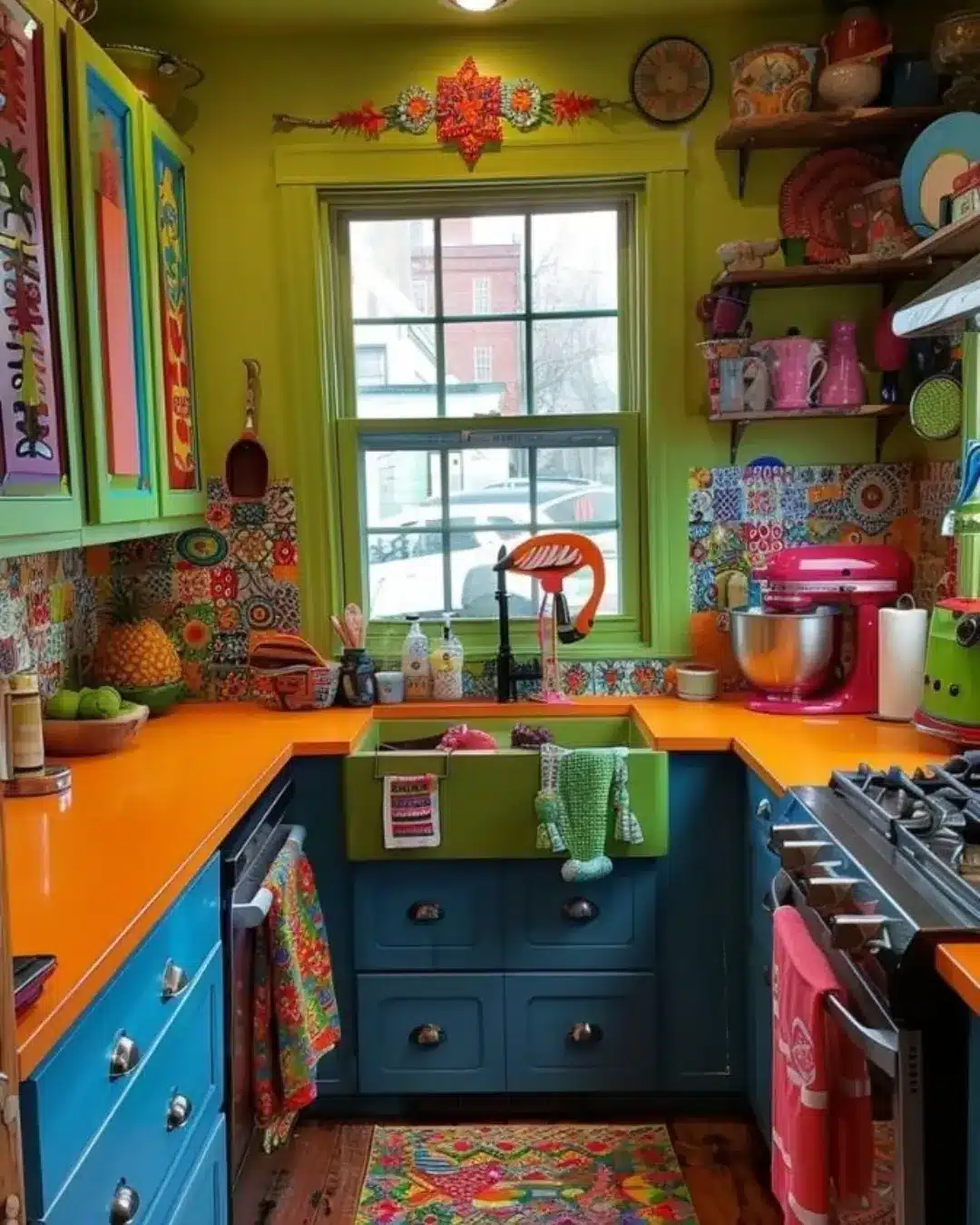 10. Maximalist Kitchen with Orange Counters and Blue Cabinets - bright kitchen ideas