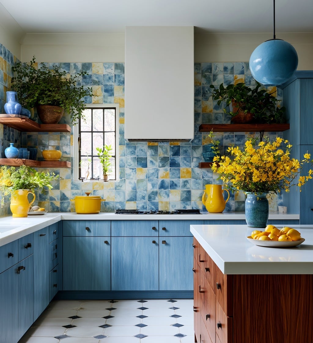 11. Coastal Blue Kitchen with Yellow Tile Accents - bright kitchen ideas