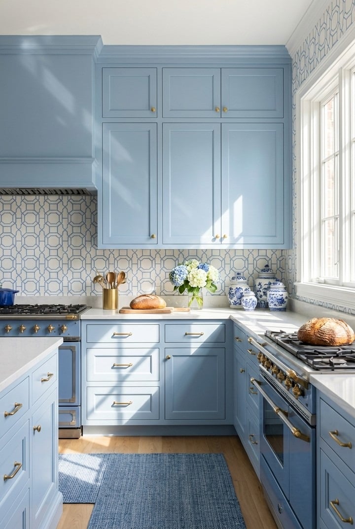 12. Powder Blue Kitchen with Elegant Gold Hardware - bright kitchen ideas