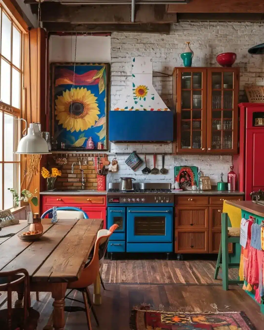 13. Eclectic Blue and Red Kitchen with Rustic Wood Details - bright kitchen ideas