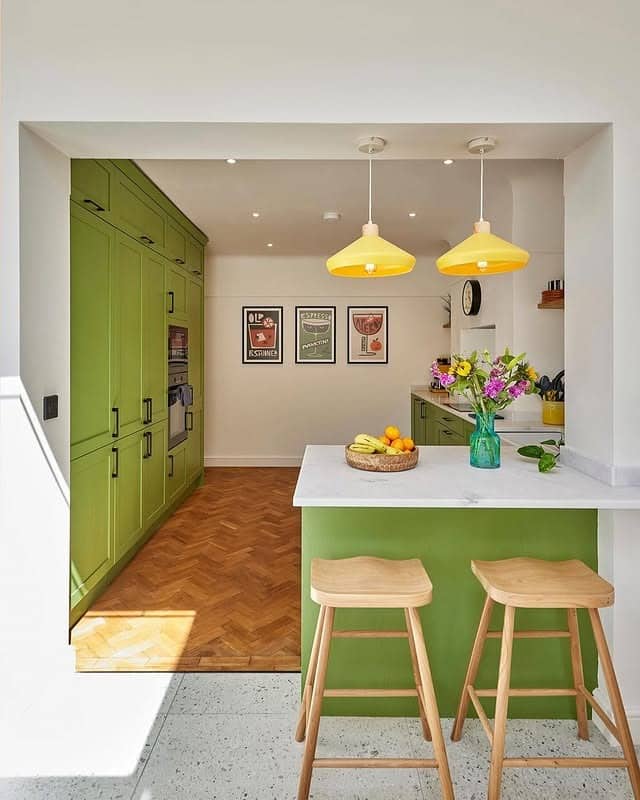 17. Apple Green Kitchen with Sunny Yellow Pendant Lights - bright kitchen ideas