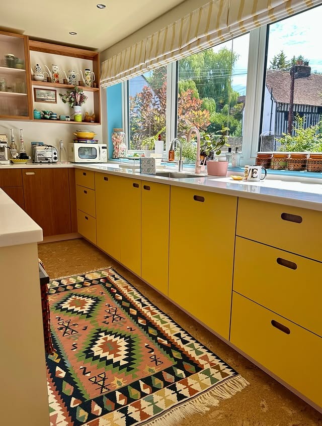 18. Mustard Yellow Kitchen with Retro Wooden Cabinets - bright kitchen ideas
