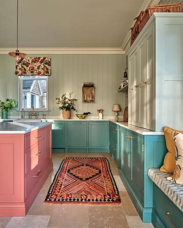 19. Teal Green Kitchen with Coral Pink Island - bright kitchen ideas