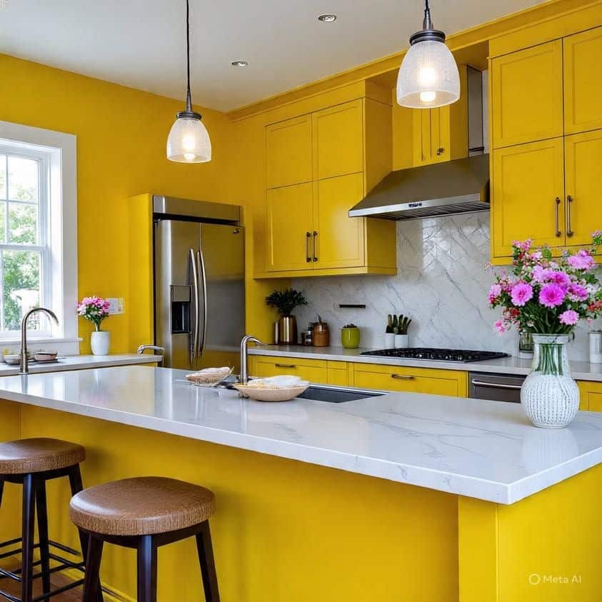 20. Sunshine Yellow Kitchen with White Marble Island - bright kitchen ideas