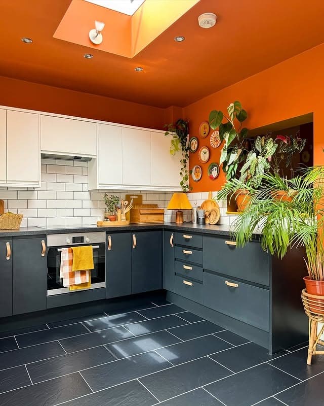 21. Bold Orange Kitchen with Charcoal Gray Cabinets - bright kitchen ideas