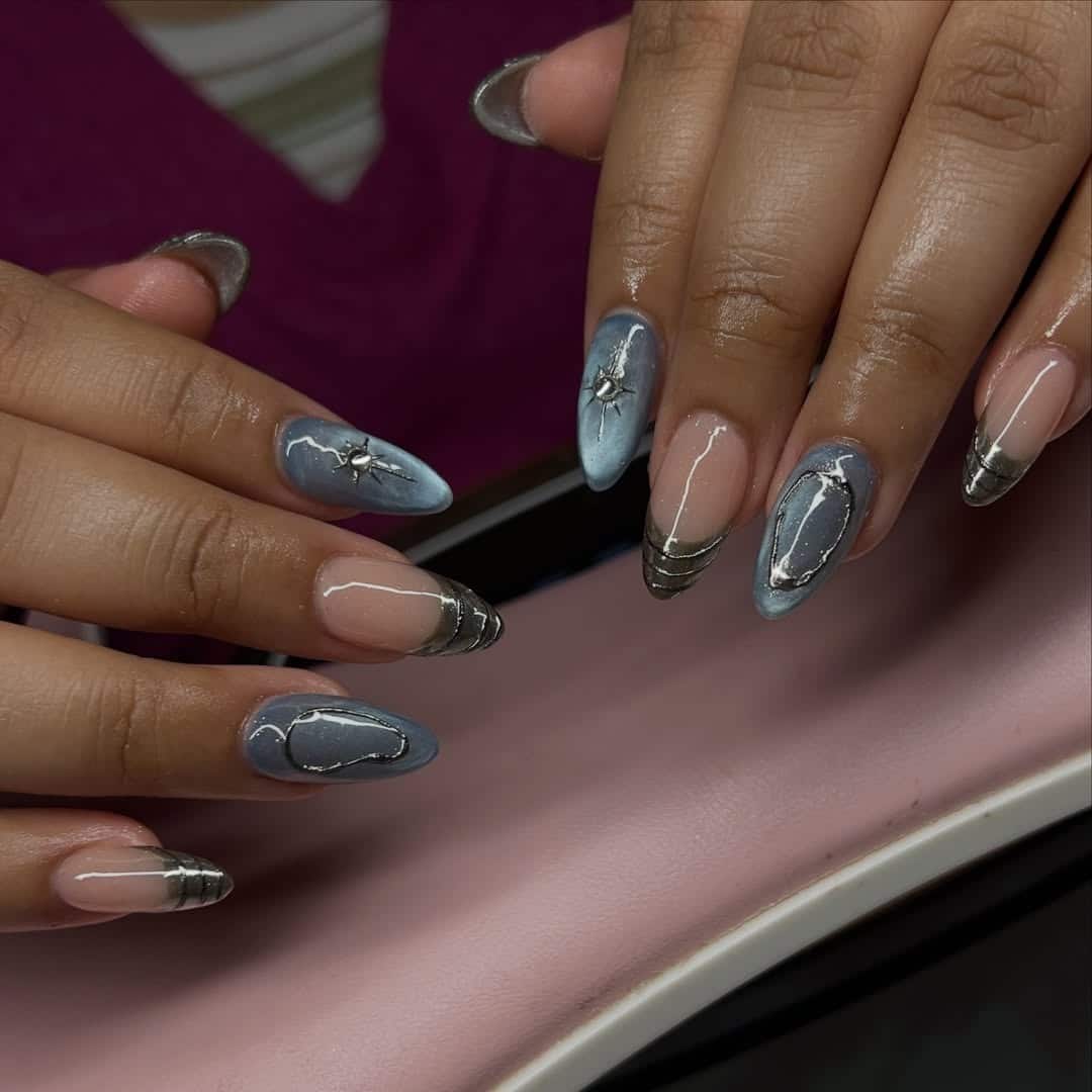 8. Dusty Blue and Silver Chrome Mix-and-Match Nails - blue and silver nail ideas