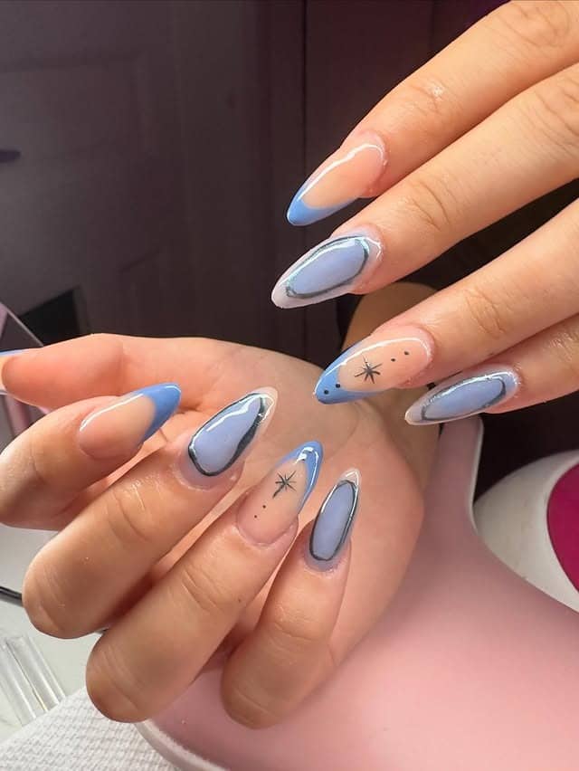 12. Powder Blue French Tip Nails with Silver Chrome Outlines - blue and silver nail ideas