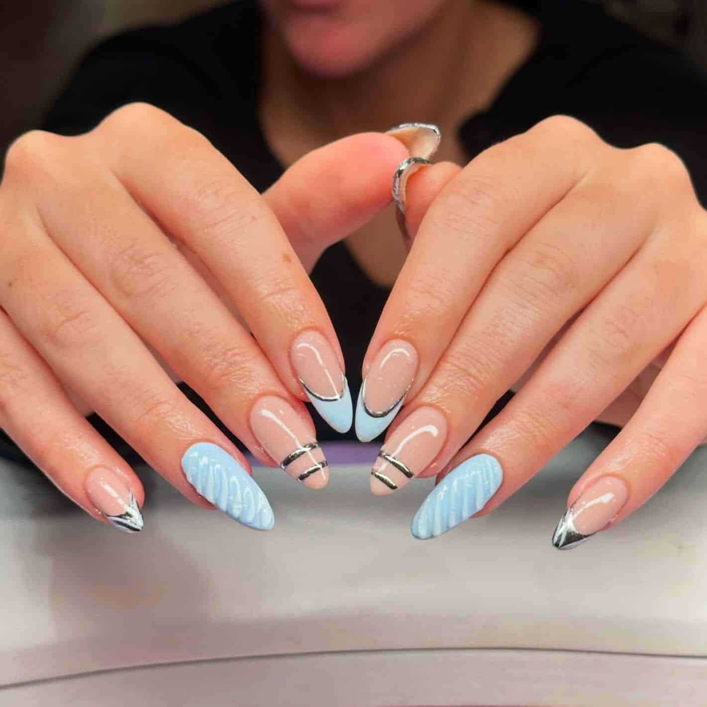 18. Baby Blue Sweater Nails with Silver French Tips - blue and silver nail ideas