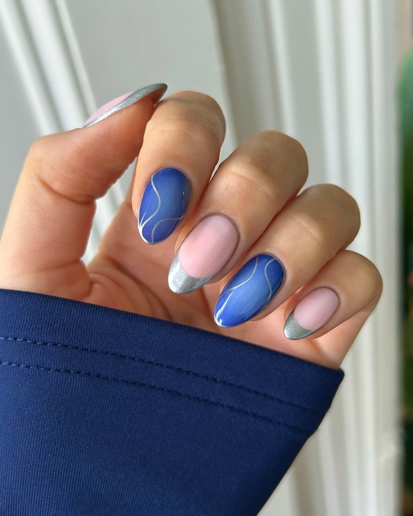 22. Royal Blue and Silver Abstract French Tip Nails - blue and silver nail ideas