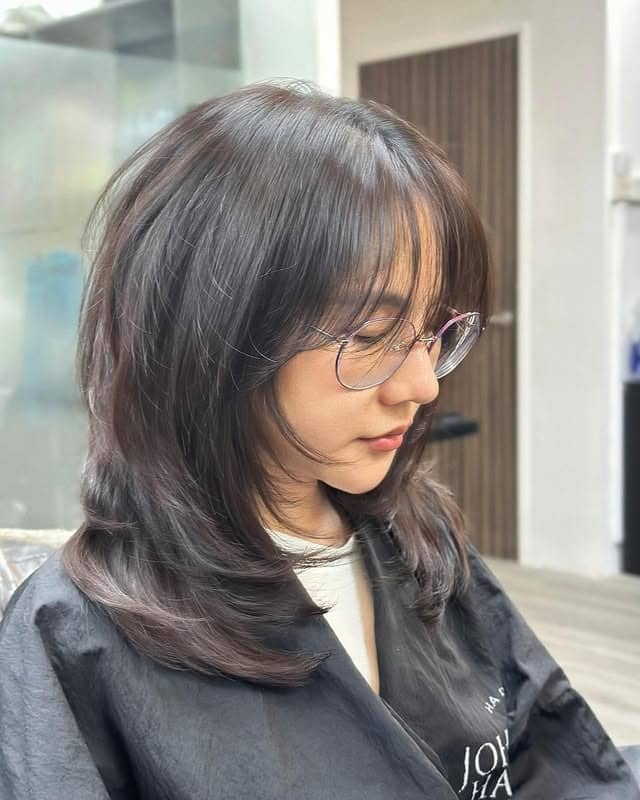 2. Smoky Ash Brown Layered Lob with Wispy Bangs - Short Layered Haircuts