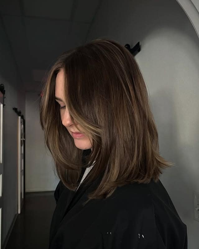 5. Mushroom Brown Layered Lob with Face-Framing Pieces - Short Layered Haircuts