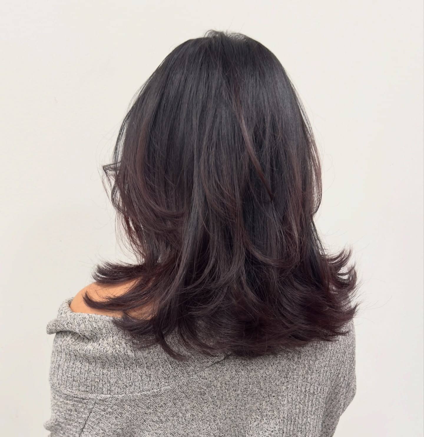 15. Dark Burgundy Brown Layered Lob with Feathered Ends - Short Layered Haircuts