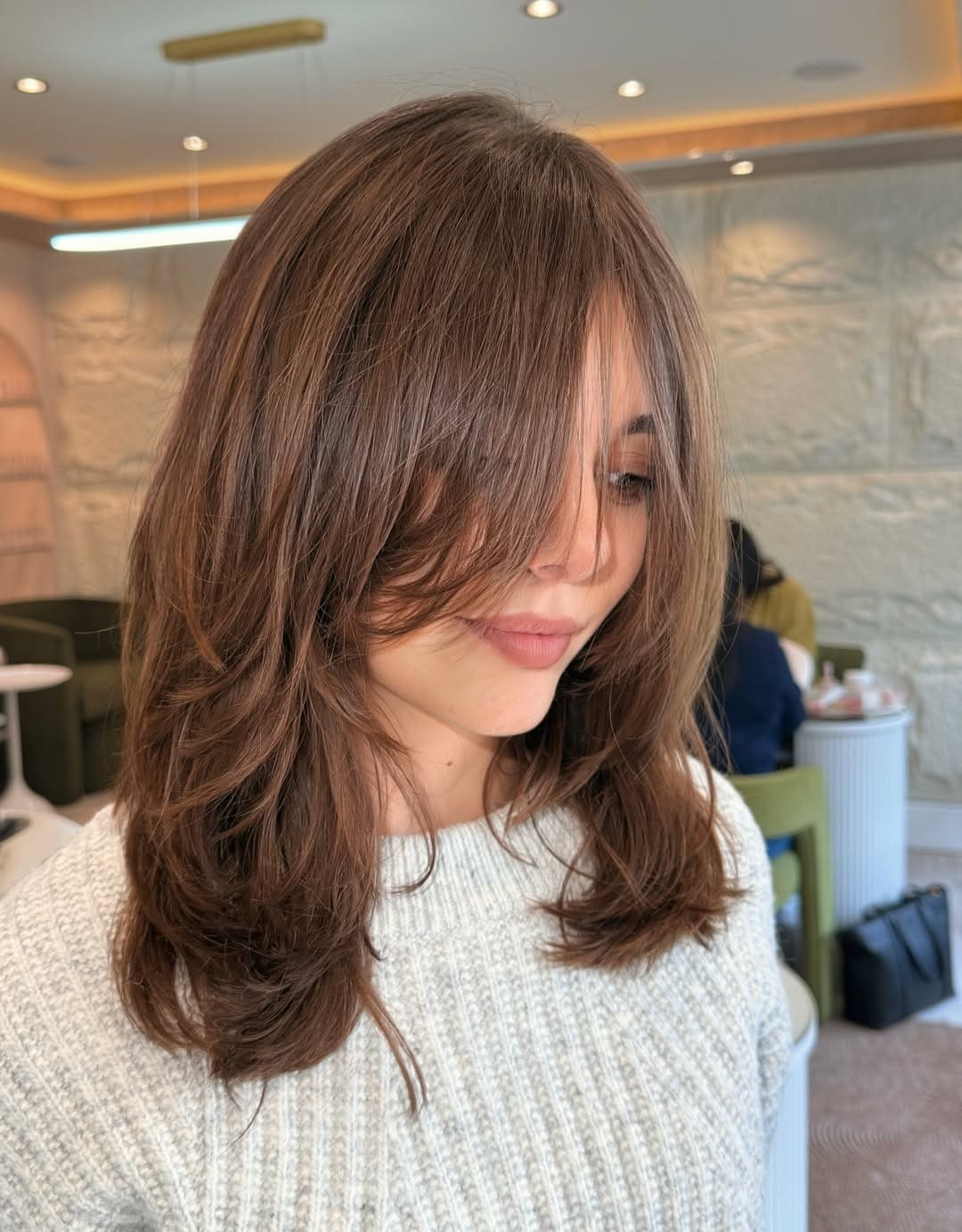 19. Warm Chestnut Brown Layered Lob with Curtain Bangs - Short Layered Haircuts