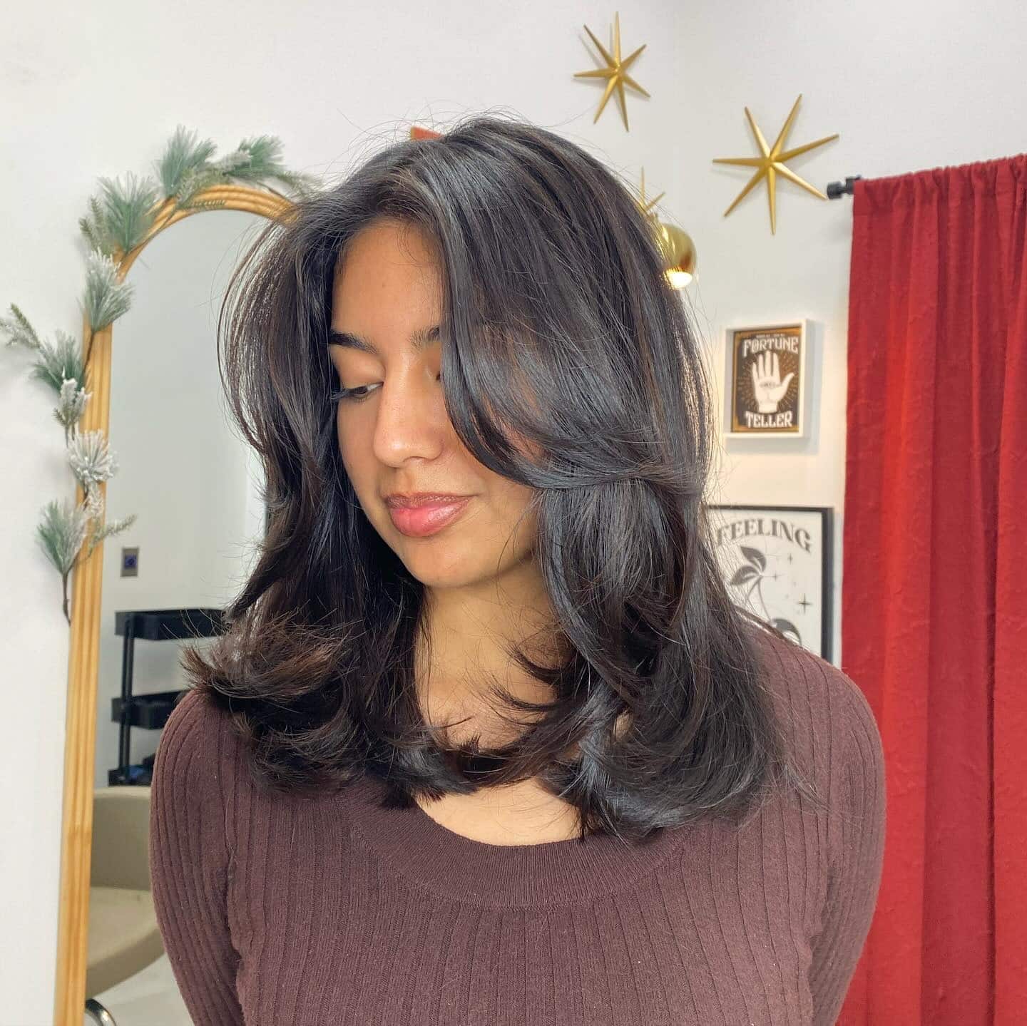 22. Glossy Espresso Black Layered Bob with Curtain Bangs - Short Layered Haircuts
