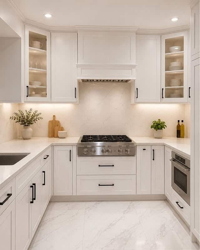14. Compact White Kitchen with Black Cabinet Handles - all white kitchen ideas