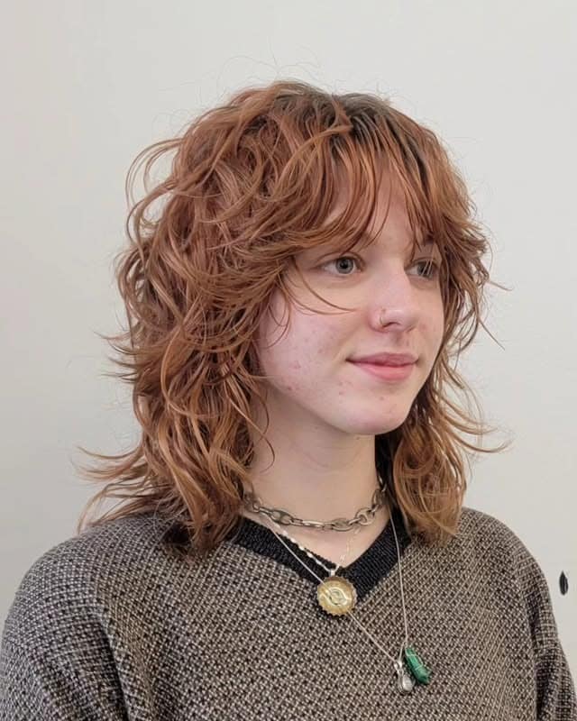 2. Copper Auburn Curly Shag with Textured Fringe - Shaggy Haircut