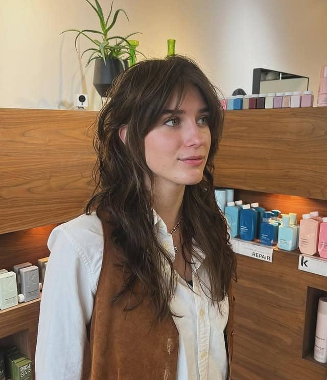 8. Dark Brown Long Shag with Wispy Curtain Fringe - Shaggy Haircut