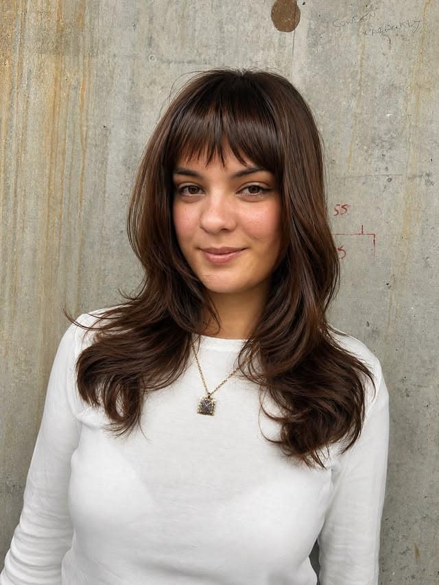 11. Rich Chocolate Brown Long Shag with Wispy Bangs - Shaggy Haircut